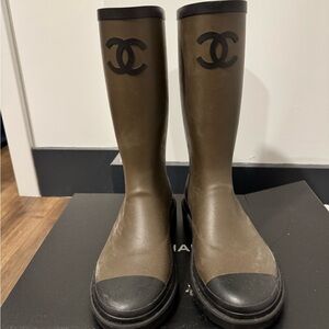 CHANEL Olive Rubber Boots with Black Trim